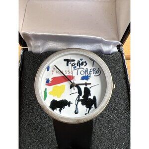 Vintage Pablo Picasso Toros Toreros Watch With Black Leather Band W/box Untested